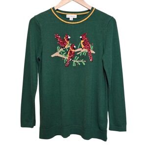 Kim Rogers Crew Neck Pullover Sweater Womens M Green Festive Sequin Cardinals